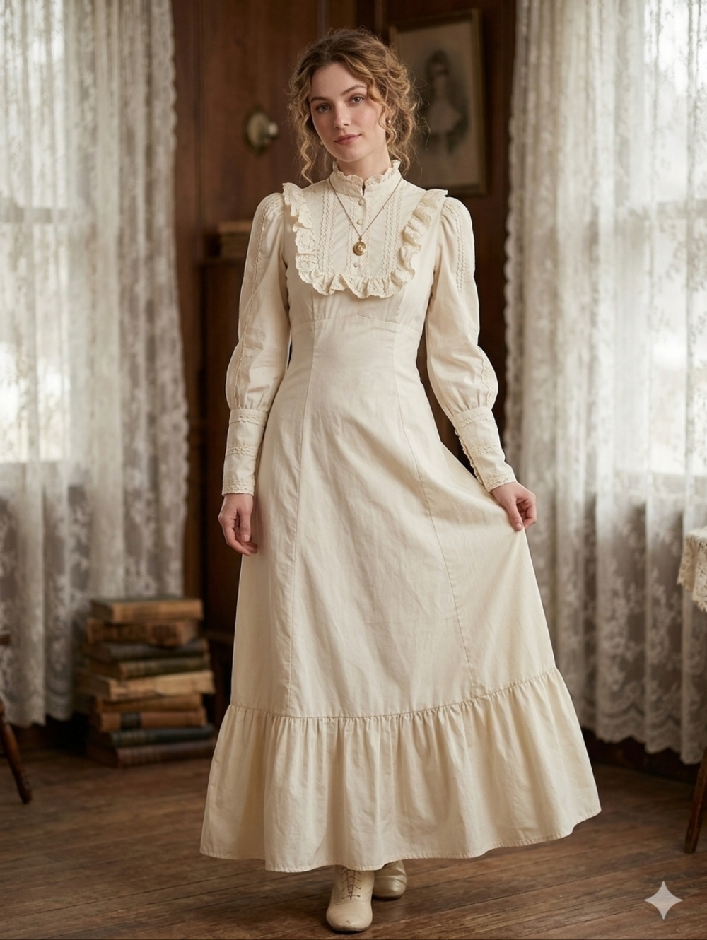 Victorian-Inspired Cream Maxi Dress with Ruffle Bib